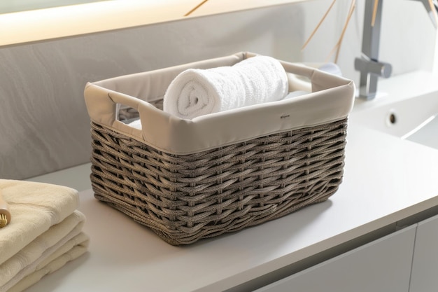 Woven storage basket with rolled towels arranged on a bathroom countertop during daylight