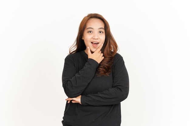 Wow Face Expression Of Beautiful Asian Woman Wearing Black Shirt Isolated On White Background