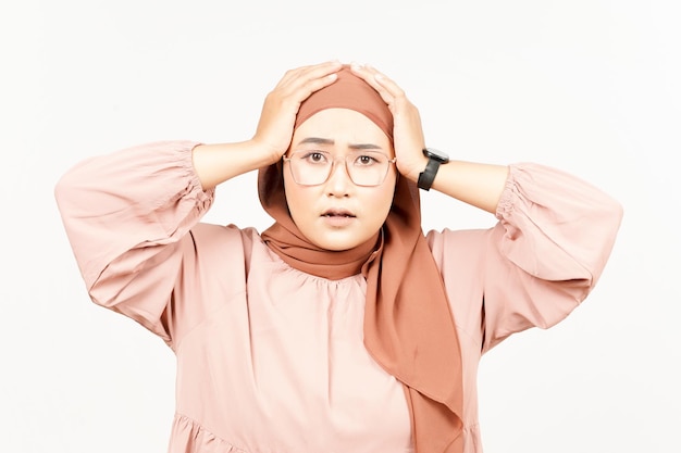 Wow Shock Face Expression of Beautiful Asian Woman Wearing Hijab Isolated On White Background