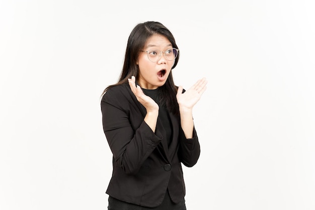 WOW and Shocked Face Expression Of Beautiful Asian Woman Wearing Black Blazer Isolated On White