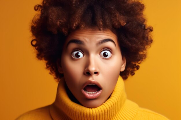 Wow unbelievable comic portrait of shocked surprised funny woman with afro hairstyle looking at camera with open mouth and amazed big eyes indoor studio shot isolated on yellow background