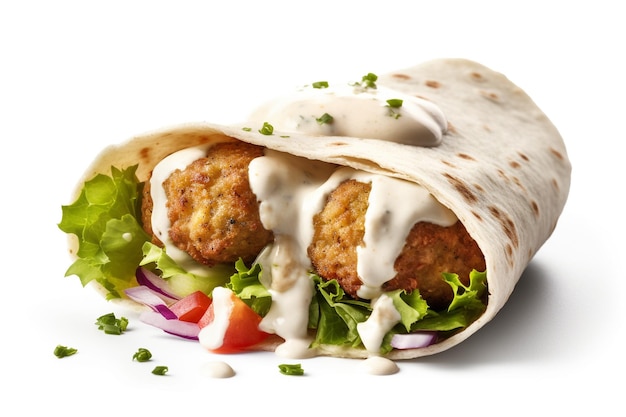 A wrap with meatballs and sauce is on a white background.