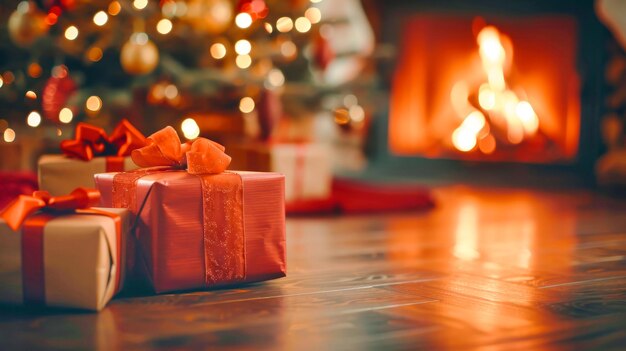 Wrapped Christmas gifts with festive red bows sit under a glowing Christmas tree with a warm fireplace and cozy holiday ambiance in the background