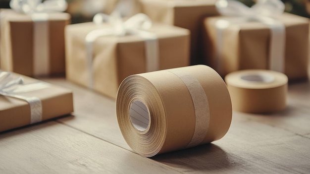 Photo wrapped gifts with roll of tape on wooden surface during holiday season