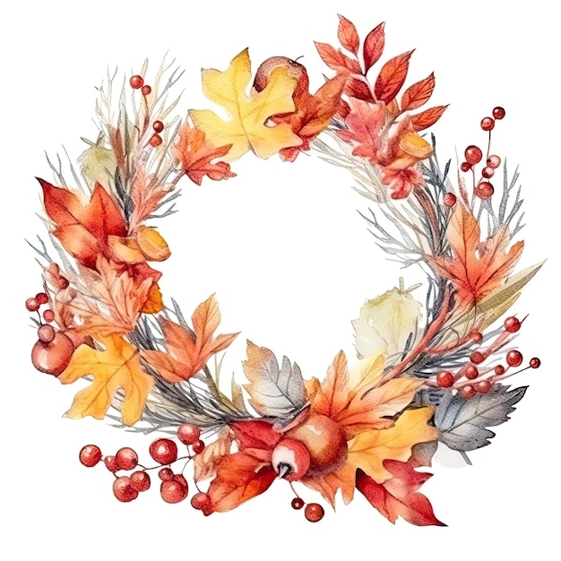 A wreath of autumn leaves in a watercolor style.