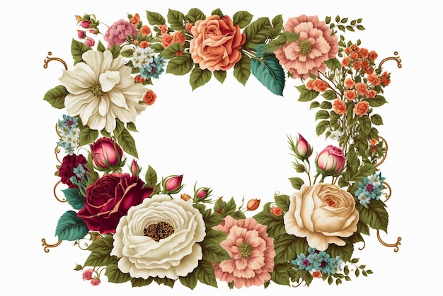 Wreath of beautiful multicolored flowers on a white background with copy space for creative designs