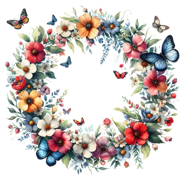 a wreath of butterflies and butterflies is painted in a white frame