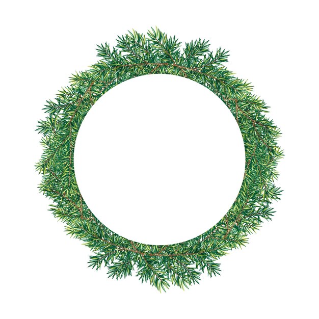 A wreath of Christmas tree branches Round frame for the inscription. Watercolor illustration.