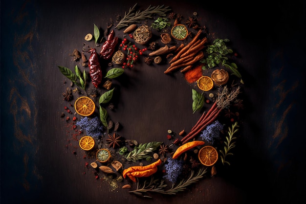 Wreath of dried spices and herbs on a wooden background Top view with copy space