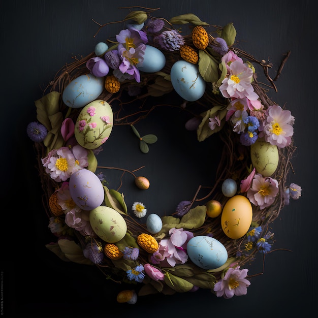 A wreath of eggs and flowers is on a black background.