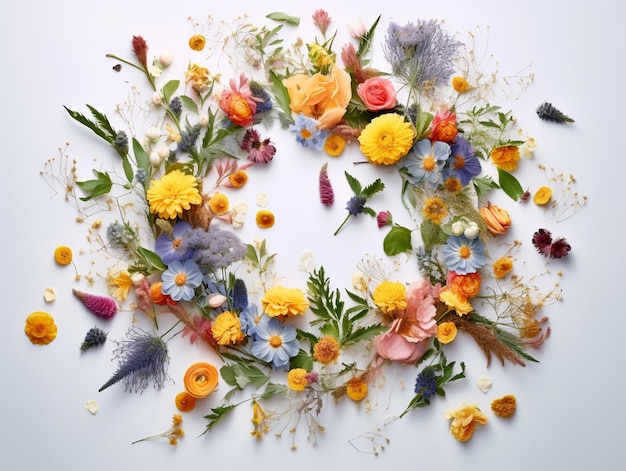 A wreath of flowers is arranged in a circle.