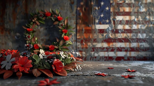 a wreath of flowers is laying on a concrete floor with a flag in the background