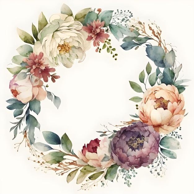 A wreath of flowers is made with watercolors.