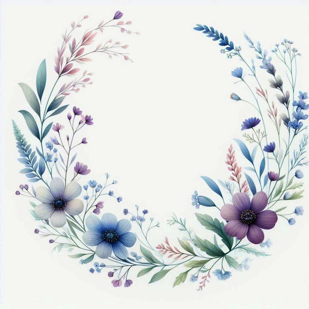 a wreath of flowers is painted in blue purple and green