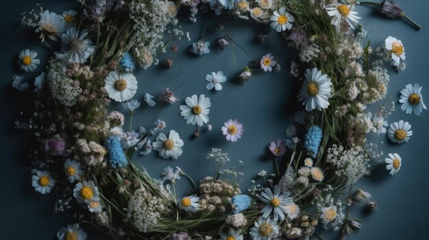 A wreath of flowers is on a table.