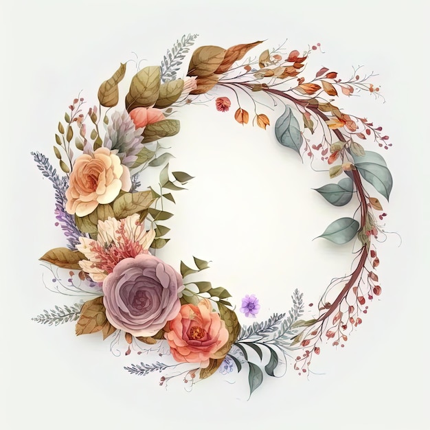 A wreath of flowers and leaves is painted on a white background.