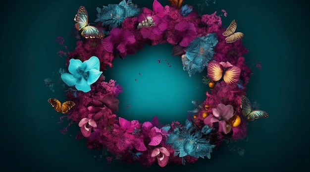 A wreath of flowers with butterflies on a blue background