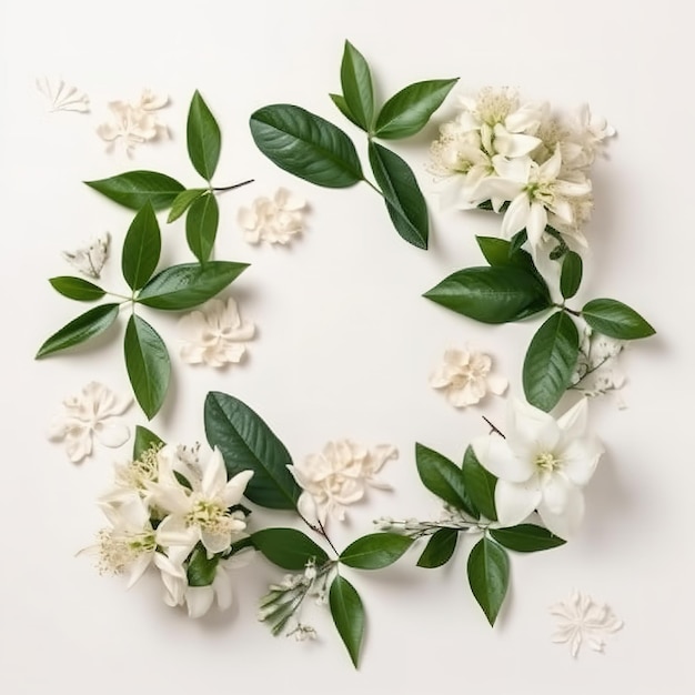 A wreath of flowers with green leaves and white flowers