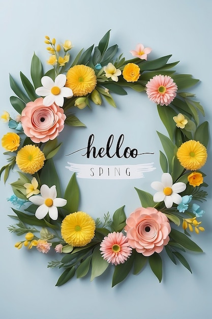 Photo wreath of flowers with hello spring