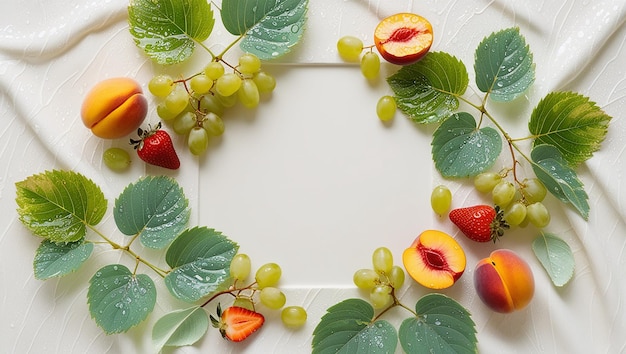 a wreath of fruit with a picture of a strawberry and a leaf