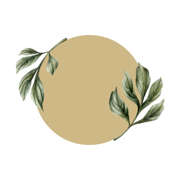 Wreath of green peony leaves with beige round Floral watercolor illustration isolated on white