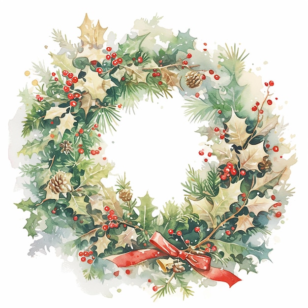 A wreath of holly and pine needles with red ribbon The wreath is a symbol of the Christmas season and is often used as a decoration for homes and events during the holiday season