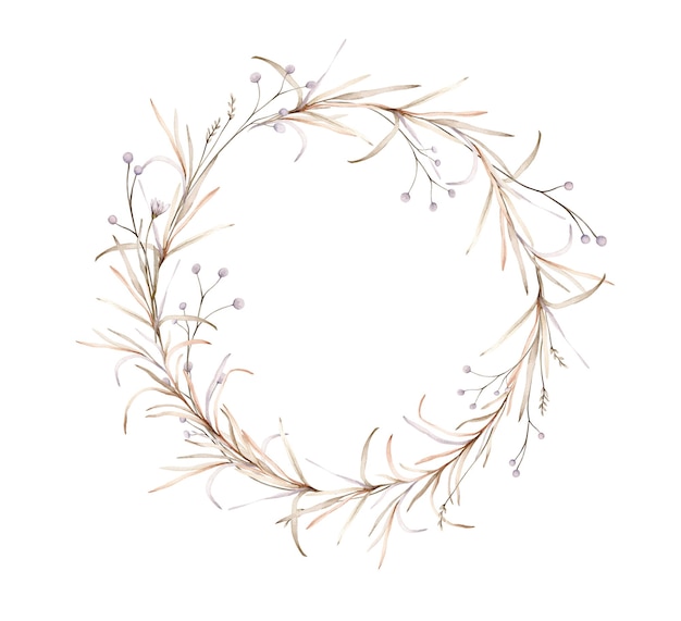 Photo wreath of light round violet flowers watercolor hand painting illustration on isolate circlet of flowers with herbs and dried branches botanical floral autumn composition pastel color