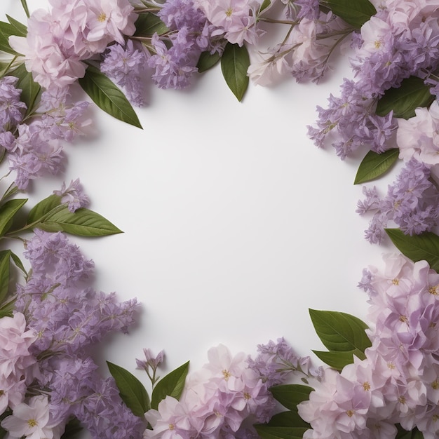 A wreath of lilac flowers with a white background.