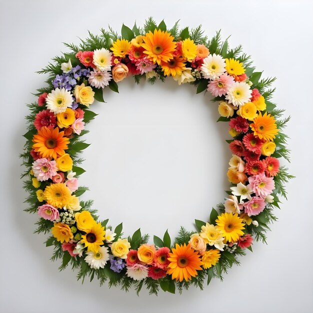 a wreath made of flowers is shown with a white background