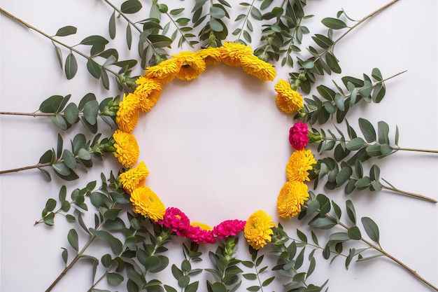 a wreath made of flowers and leaves with a white background