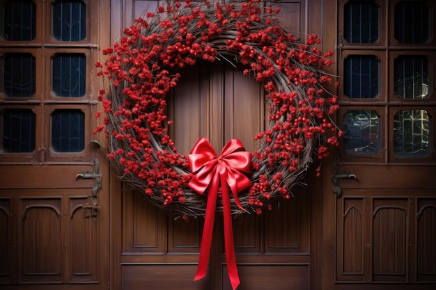 Wreath made of pine branches and red ribbon on a door