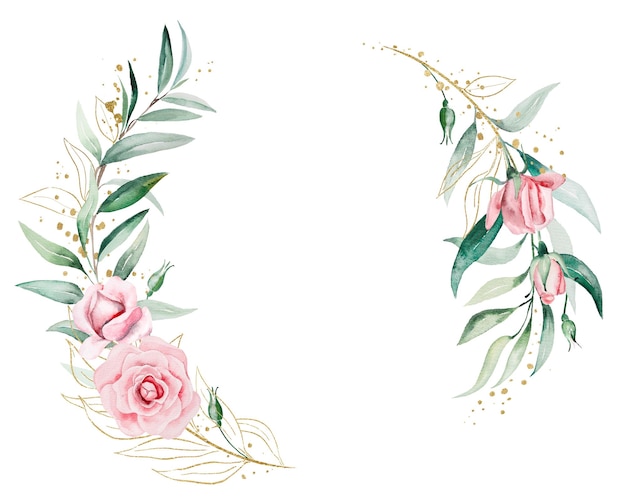 Wreath made of pink watercolor flowers and green leaves wedding and greeting illustration