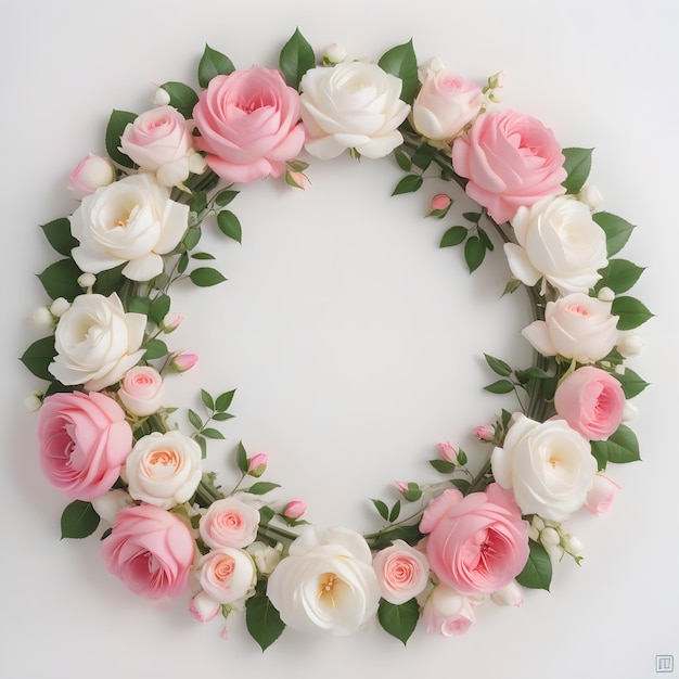 A wreath made of pink and white roses on the white background