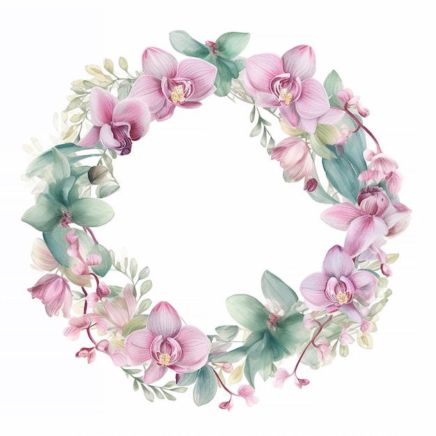 A wreath of pink orchids with green leaves and flowers.