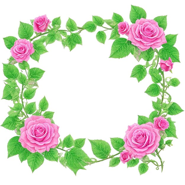 a wreath of pink roses with green leaves and pink roses