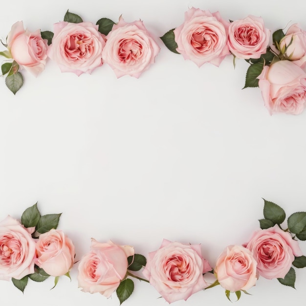 a wreath of pink roses with a white background with a frame that says pink roses