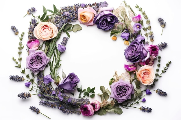 A wreath of purple and pink flowers on a white background