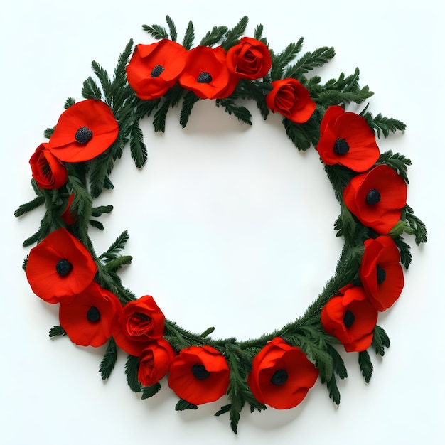 A wreath of red poppies on white background