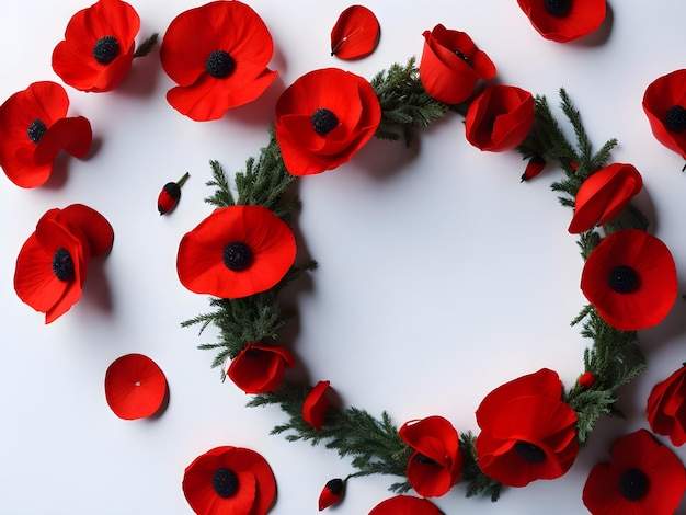 A wreath of red poppies on white background