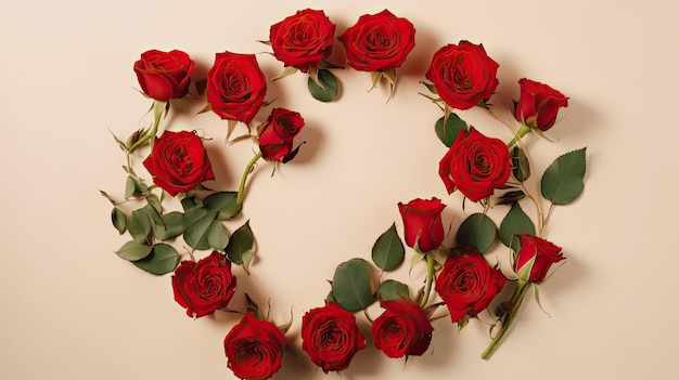 A wreath of red roses is placed on a pink background