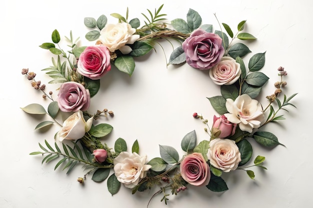 a wreath of roses with pink and white flowers