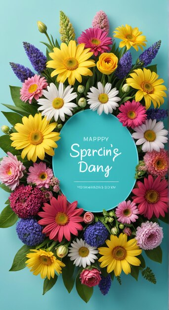 Photo a wreath of spring flowers with a blue background with a label for springs day