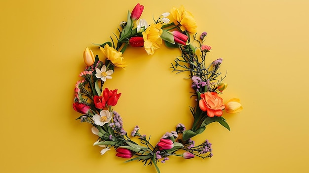 Photo wreath of spring garden plants and flowers fresh and vibrant design