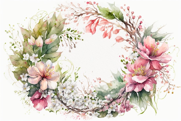 Wreath of summer pink flowers Paint drawing Floral pattern watercolor painting of blossom branches on white background Template design for postcards spring banner Image is AI generated