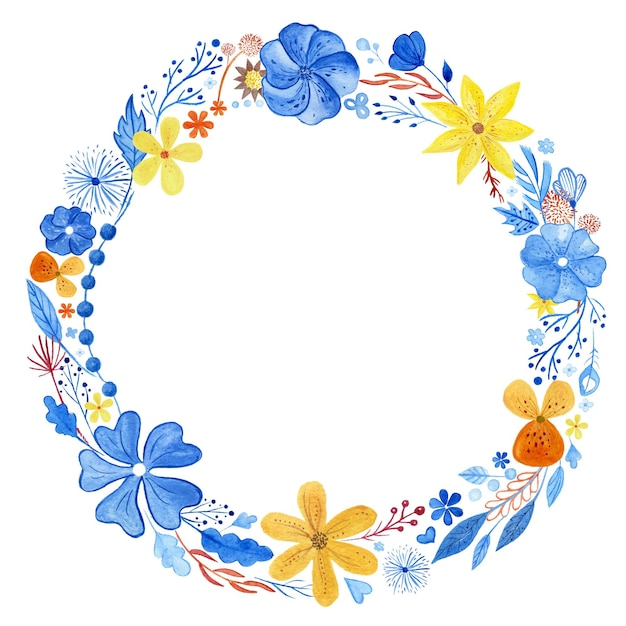 Wreath of watercolor elements Blue and yellow flowers leaves branches