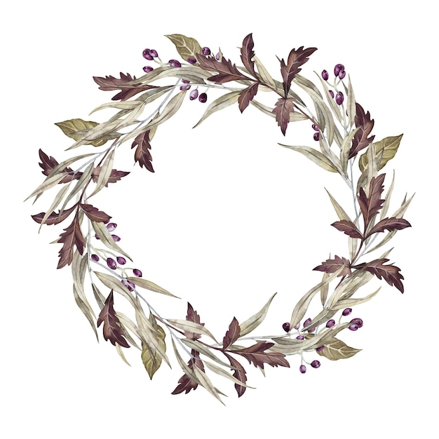 Photo wreath with autumn leaves eucalyptus branches and purple elderberries handpainted watercolor