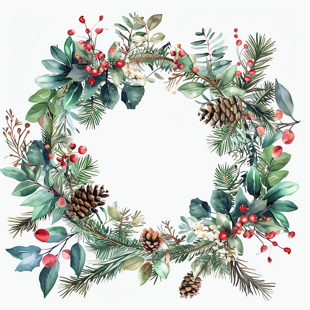 a wreath with berries and pine cones on it