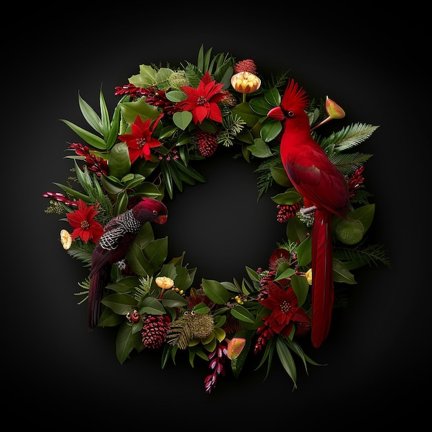 Photo a wreath with birds and flowers and birds on it