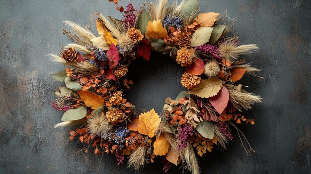 Photo a wreath with dried flowers and dried leaves