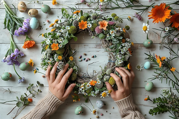 Photo a wreath with flowers and a bird on it is displayed on a wooden background